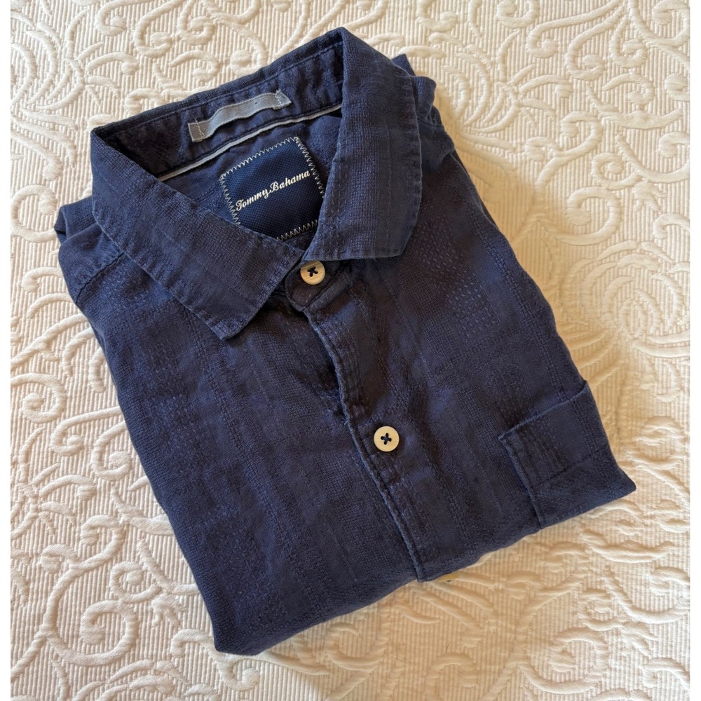 Tommy Bahama Mens Navy Blue 100% Linen Jaquard Short Sleeve Camp Shirt Med/Large